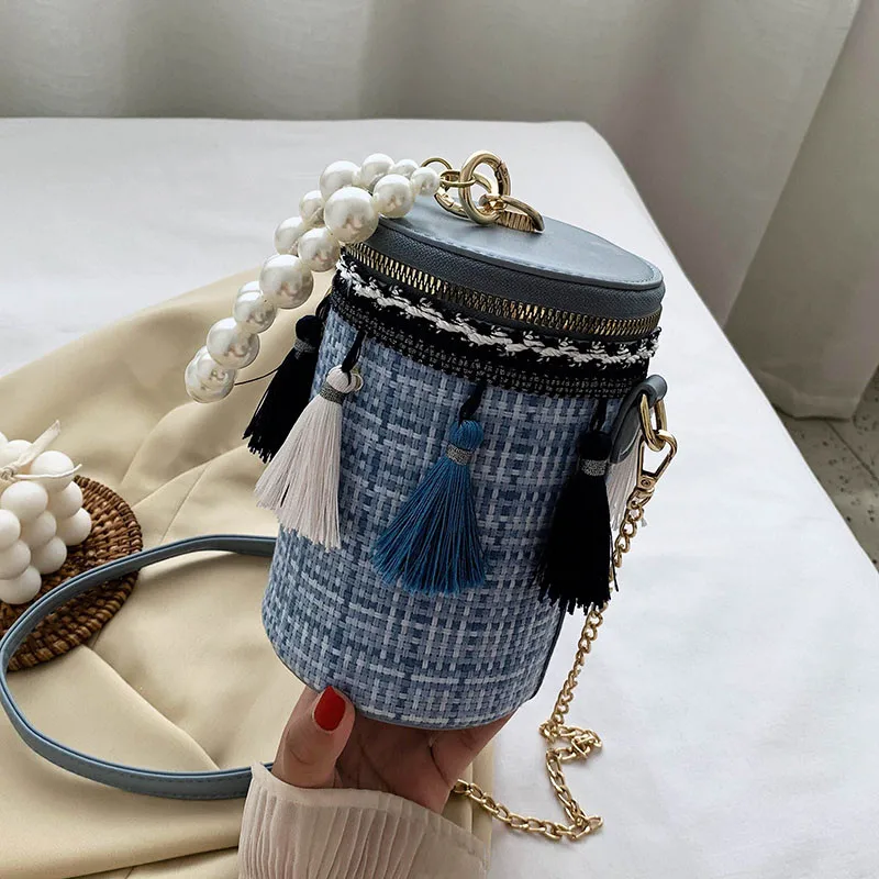 

Woven Bucket Bag 2021 Summer New Straw Women's Designer Handbag Holiday Travel Cylindrical Crossbody Bag Vacation Beach Bag