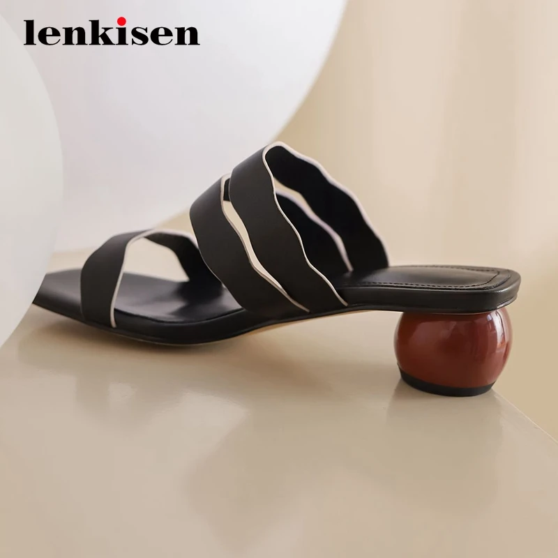 

Lenkisen high fashion natural mature ruffles real leather square toe med round heel women shoes young lady summer sandals L12