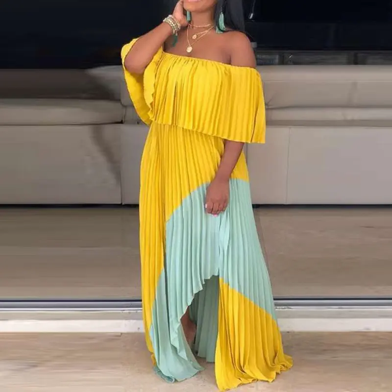 Богемное длинное асимметричное плиссированное платье макси на одно плечо