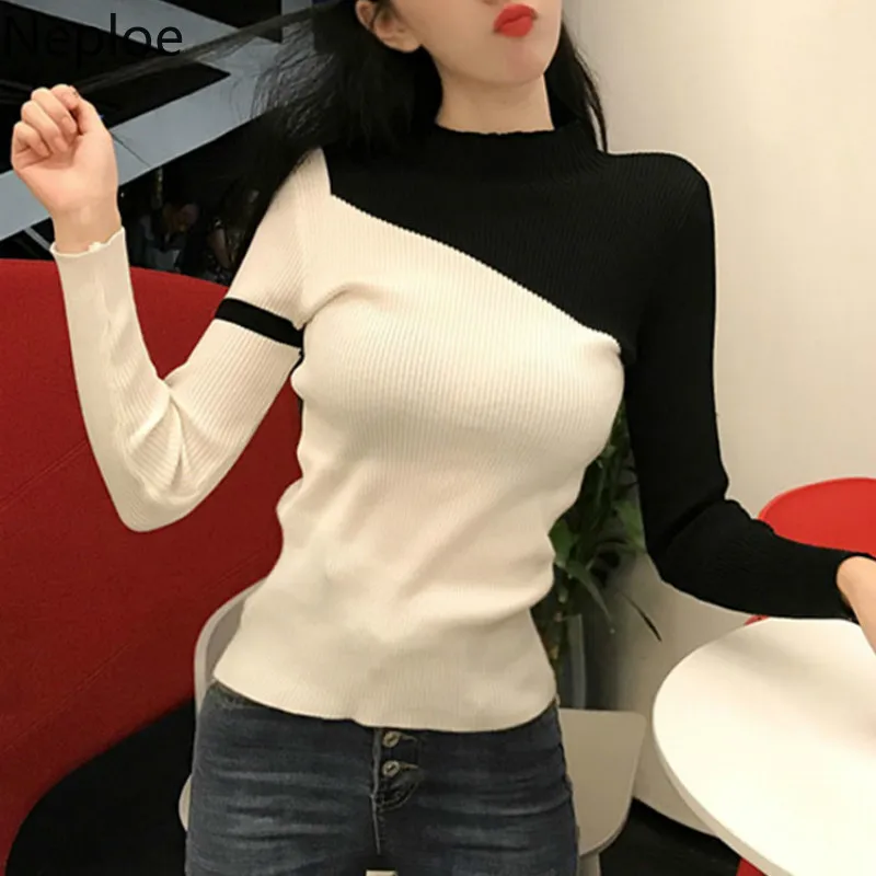 Neploe Bottom Sweater Women 2020 New Autumn Winter Fashion Half High Collar Skinny Slim Pull Femme Color Match Knit Top 46647 | Женская