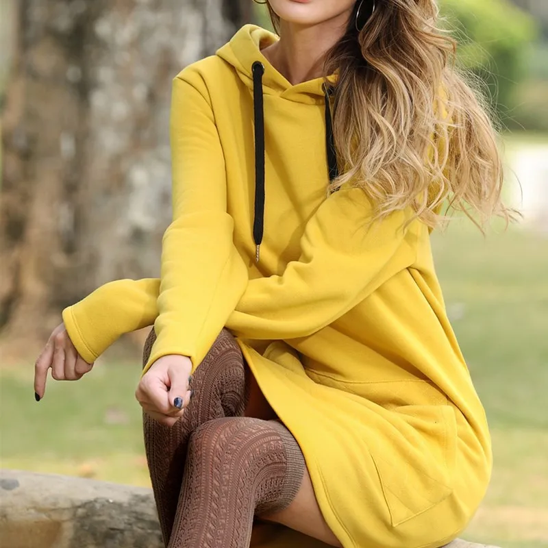 

Women Spring Solid Hoodies Casual Long Style Sweatshirt Casual Pocket Oversized Hoodie Hoody Dress Pullover