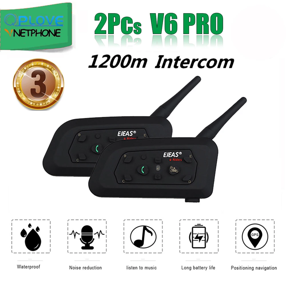 QPLOVE 2pcs EJEAS V6 Pro intercom 1200m wireless motorcycle bluetooth helmet headset long distance 6 Riders talking