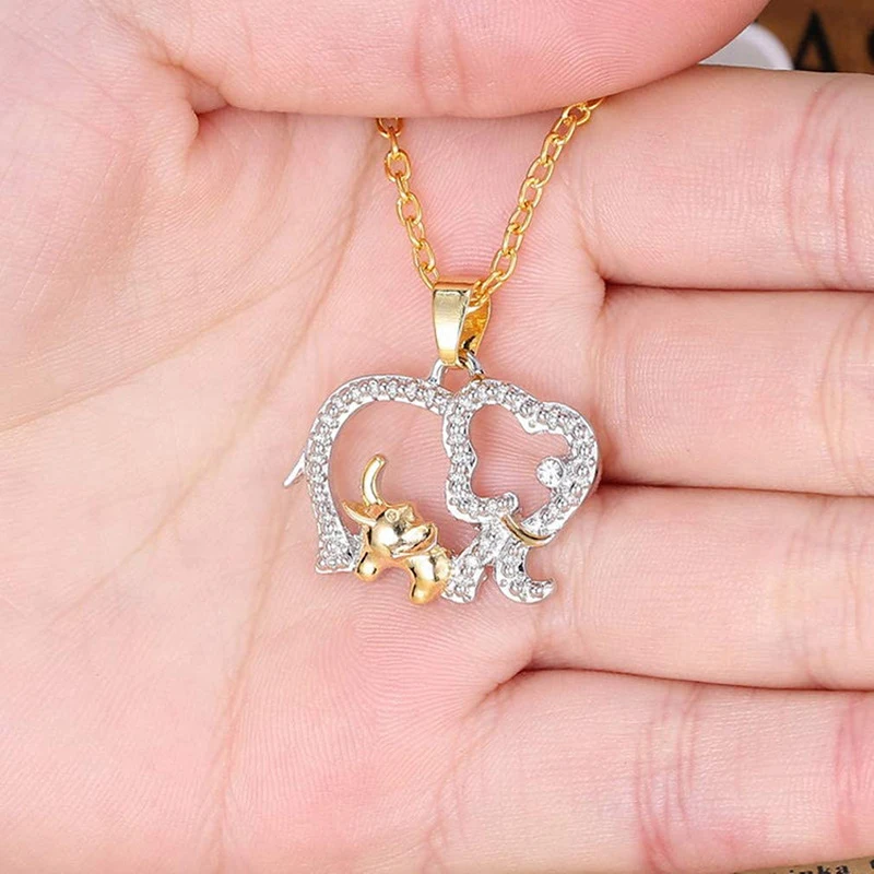 

2022 New Gold Silver Color Animal Double Elephant Pendant Necklace Rhinestone Crystal Charm Mother Sweater Chain Jewelry Choker