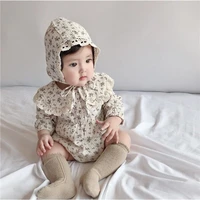 2pcs korean lace ruffle cute baby romper hat set infant vintage floral long sleeve jumpsuit toddler 2022 baby girl sweet clothes