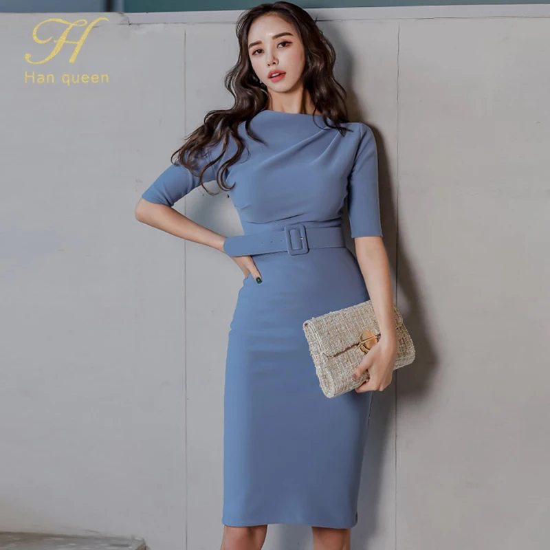 

H Han Queen Hot Sale Women Autumn Bodycon Pencil Dress Lady Simple Elegant Party Dresses Fashion Belt Slash-Neck Office Vestidos