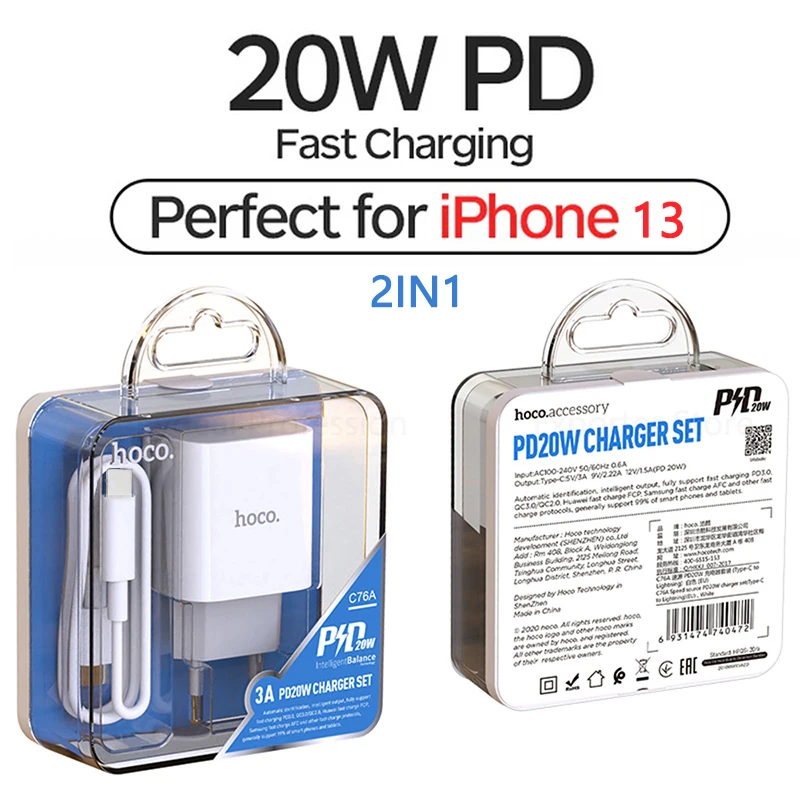 

Fast Charging PD 20W 9V/2A Type-C To Light ning Cable Charger Adapter EU US Plug For iPhone 13 12 mini 11 Pro Max XS XR X 8 Plus
