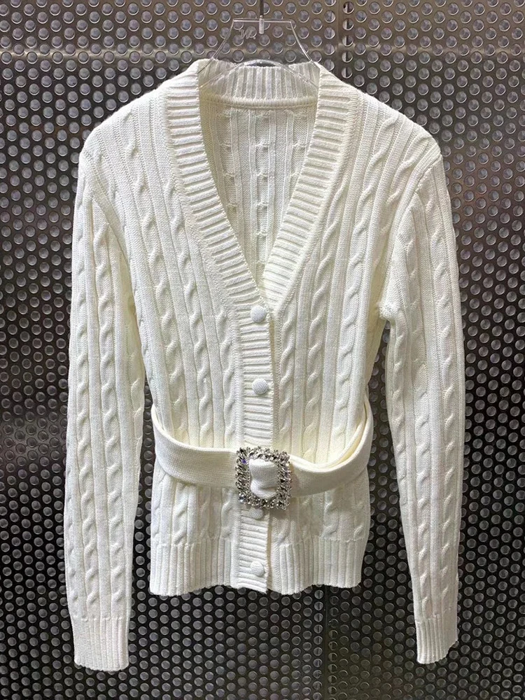 

Solid color v-neck twist shape tie waist knit sweater cardigan coat ladies autumn new fashion all-match tops free shipping