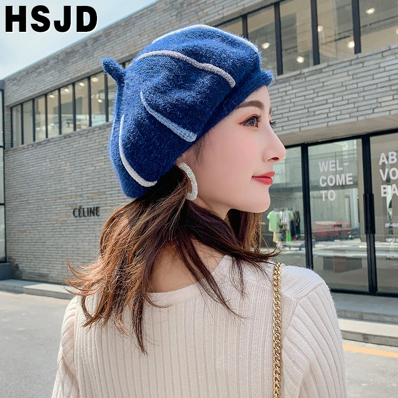 Шапка-бини Женская плюшевая теплая шапка-полосатый берет из смешанной норки