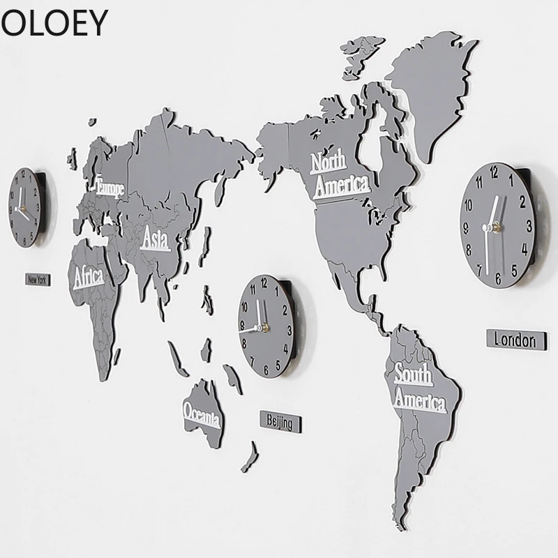 Большие настенные часы с картой мира скандинавские 3d стикером для гостиной