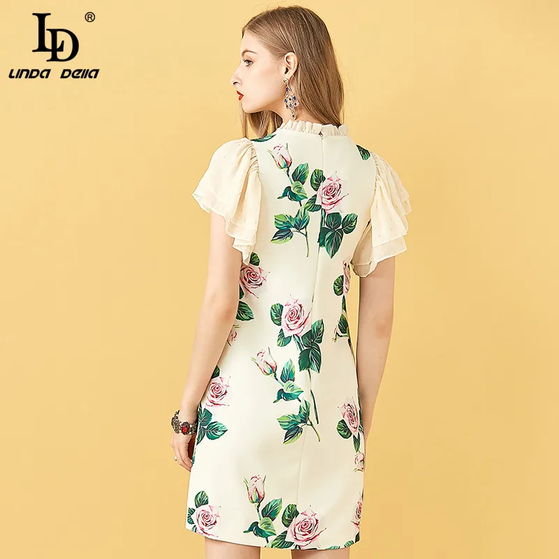 

LD LINDA DELLA Runway Summer Vintage Mini Dress Women Chiffon Short sleeve Sequin Elegant Rose Floral Print Ladies Mini Dresses