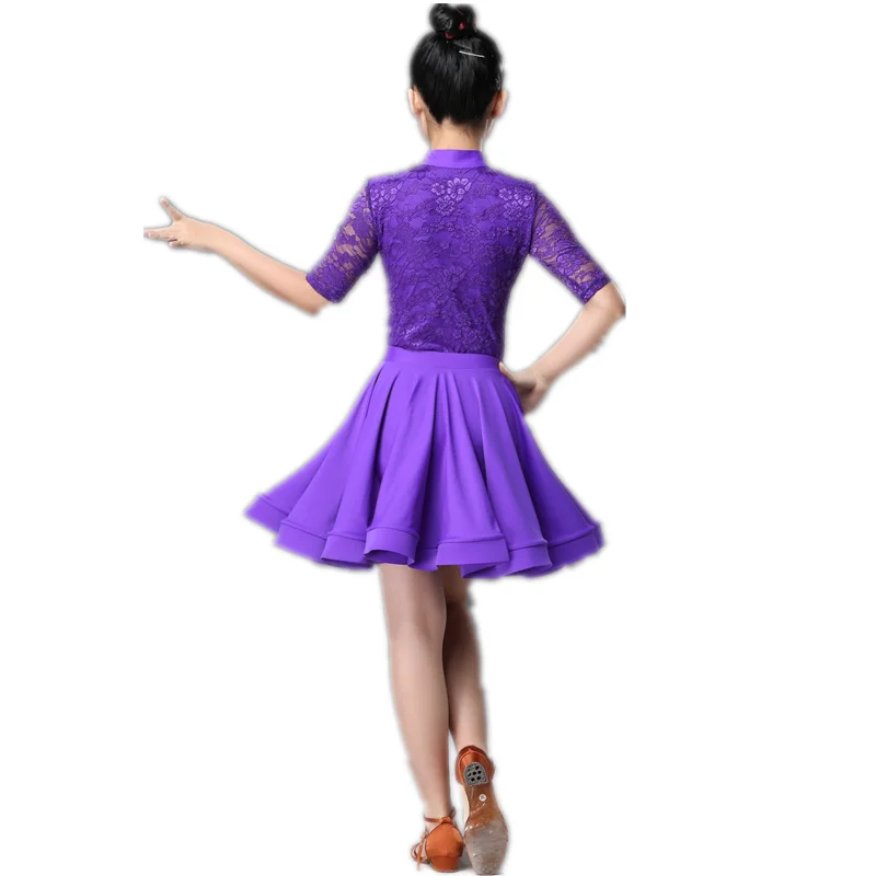 Детское платье для латинских танцев фиолетовое кружевное танцевальный костюм