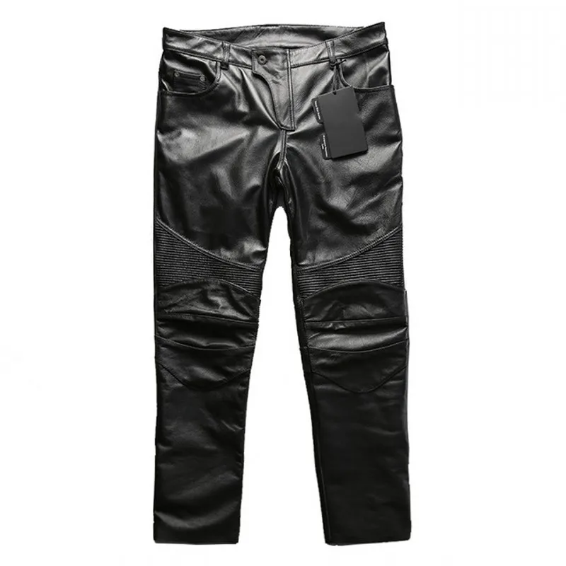 

British Style Genuine Leather Mens Straight Pants New Biker Cowhide Pants Pockets Zippers High Quality Korean Style Pants
