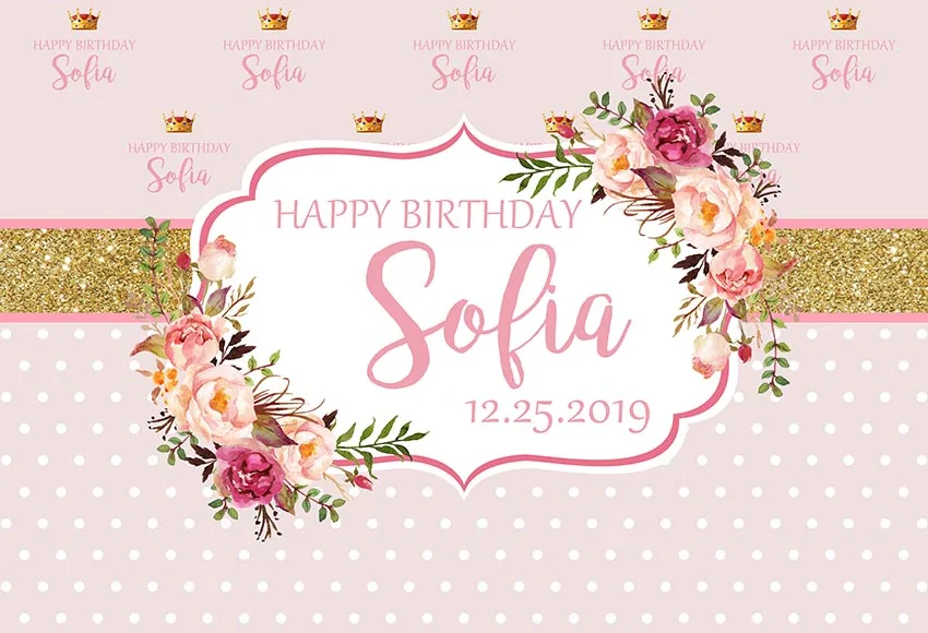 Виниловый фон для фотосъемки в горошек с розовыми цветами и золотыми