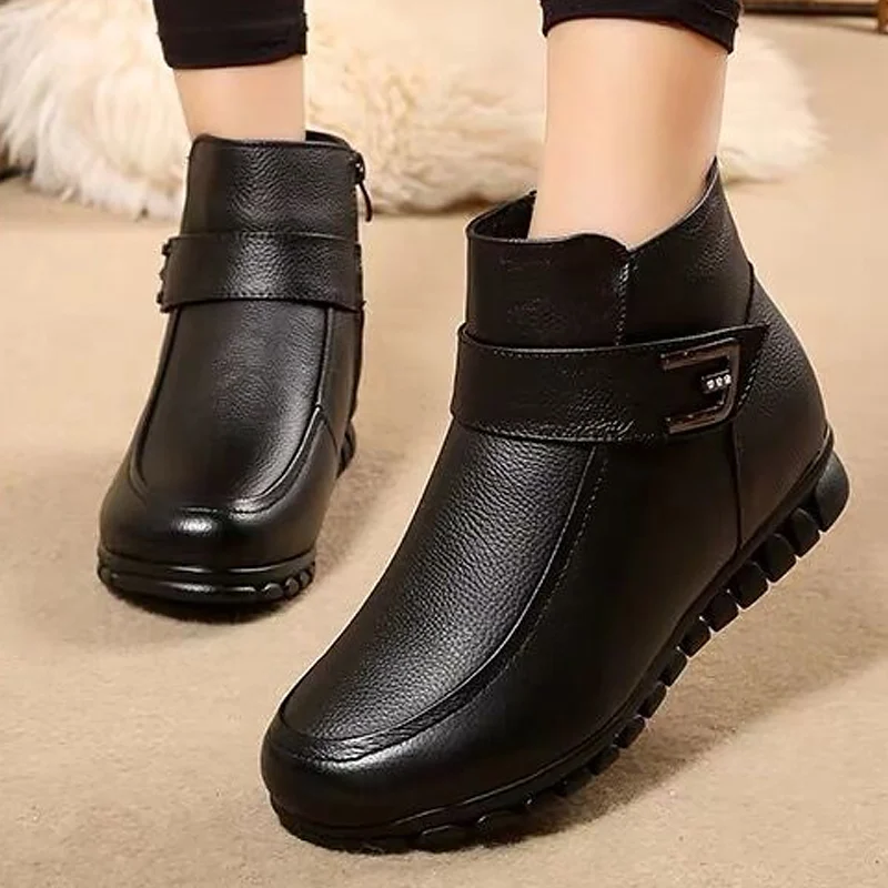 

Women leather boots rhinestone matel hook loop zipper ankle boots ladies winter velvet shoes female booties