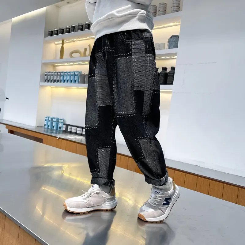 

Boys Sport Pencil Pants Four Seasons Patch Pattern Kids Casual Denim Cotton For Boys 4 5 6 7 8 9 10 12 13Years Children Trousers