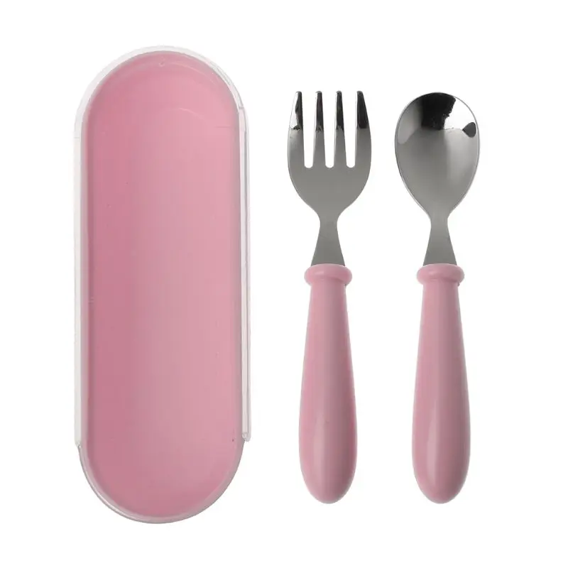 

2021 New 2pcs/lot Baby Feeding Spoon Fork Set Stainless Steel Toddler Infant Tableware Flatware Kids Cutlery with Ant-Dust Box