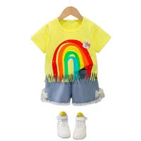 new arrival girls fashion clothing set 2 pieces baby suit rainbow t shirt denim shorts kids clothes girl suit baby girls outfit