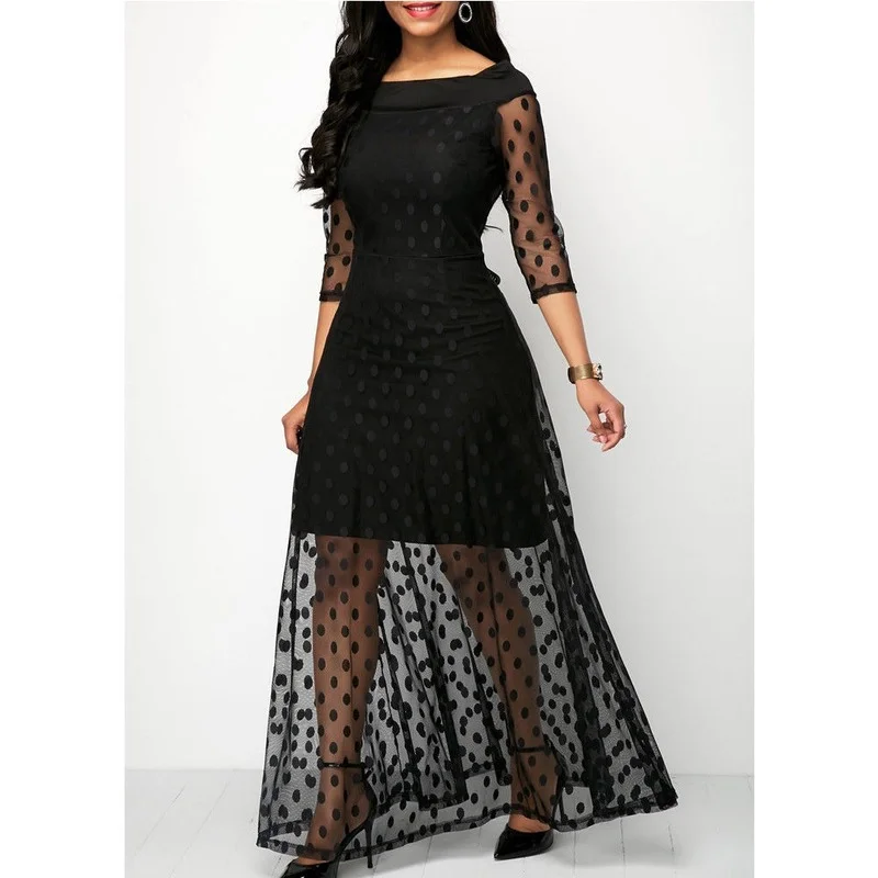 

Summer New Style 2021 Women's Elegant Black Polka Dot Mesh Long Dress Summer Slim Sexy Beach Ladies Patchwork Tulle Lace Dress
