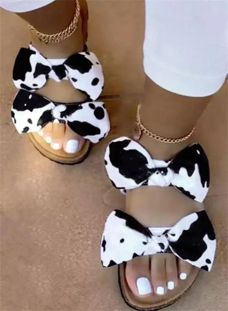 

Woman Classic Fashion Casual Cute Sweet Black and White Cow Double Bow Open Toe Flat Heel Comfortable Summer Sandals 1KB093