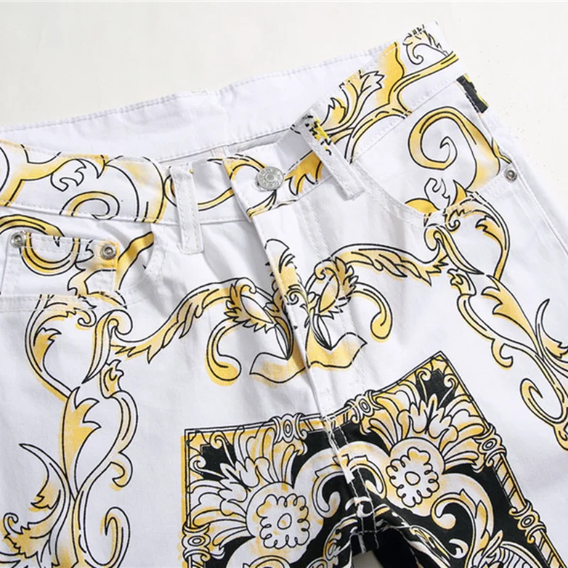 2021 New Fashion Yellow Flowers Print Stylish Men Slim Jeans Trousers Hip Hop Denim Pencil Pants For Nightclub Pantalones Hombre