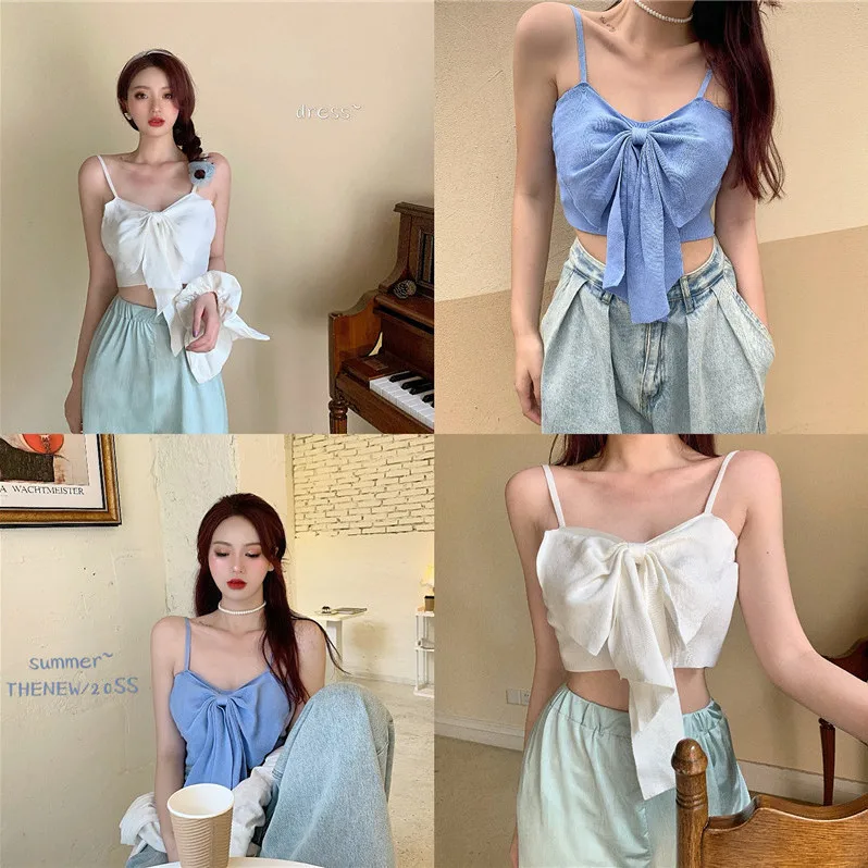 

Lrregular blue white/color shirt sleeveless suspenders sexy female summer new bow bottoming shirt Fashion tank tops women tops
