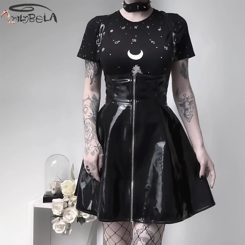 Imily Bela готические сексуальные юбки из искусственной кожи для женщин ампир Молния ремень трапециевидная длинная юбка на подтяжках Повседневная клетчатая уличная одежда на Хэллоуин