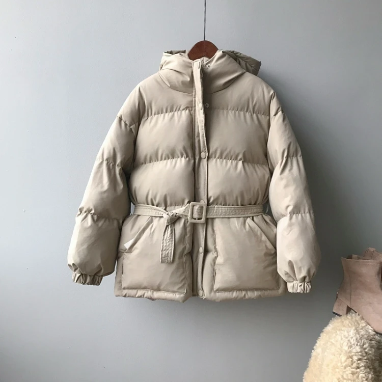 Jacket Women Streetwear Cotton Padded Winter Warm Coat Female Black Parkas with Sashes Korean Style Womens Clothing