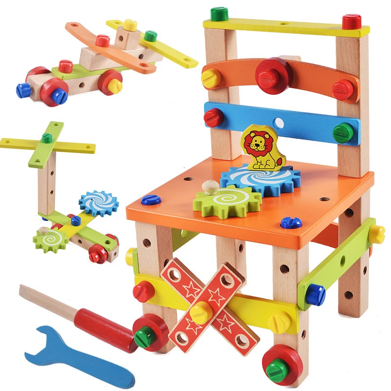 Montessori Toys Baby Educational Wooden Toy Preschool Multifunctional Variety Nut Combination Chair Tool