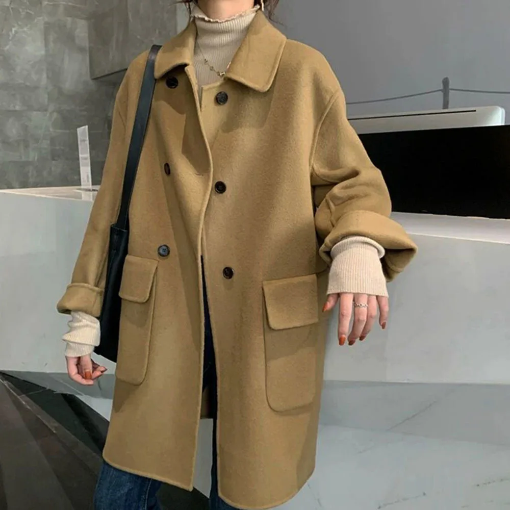 Autumn And Winter New Korean Version Fashion Double-sided Cashmere Coat Women's Mid-length Double-breasted Loose Woolen Coat