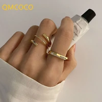 qmcoco geometric simple multilayer zircon silver color open ring woman fashion retro unique design jewelry woman party gift