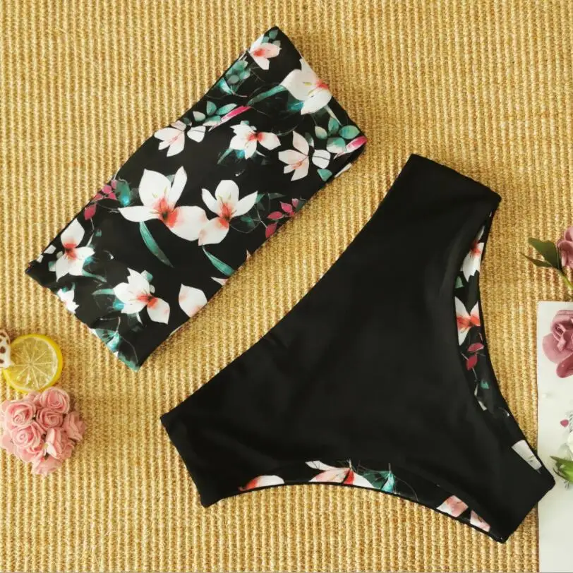 

Bikini 2021 Swimwear Swimsuit Women Print High Waist Bikini Set Back Cross Bandeau Bathing Suit Female Beach Wear Biquini w471