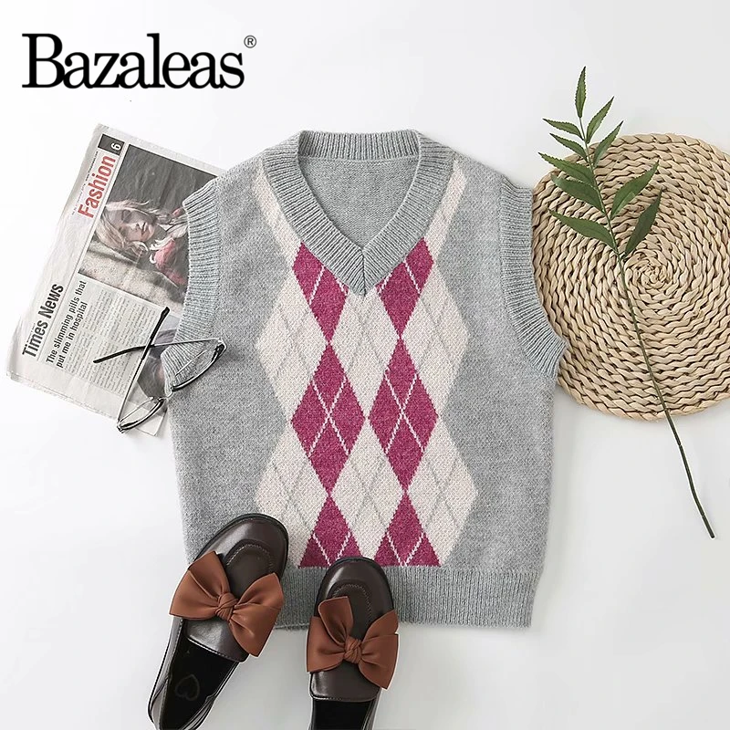 Женский винтажный Трикотажный жилет серый клетчатый с V-образным вырезом осень