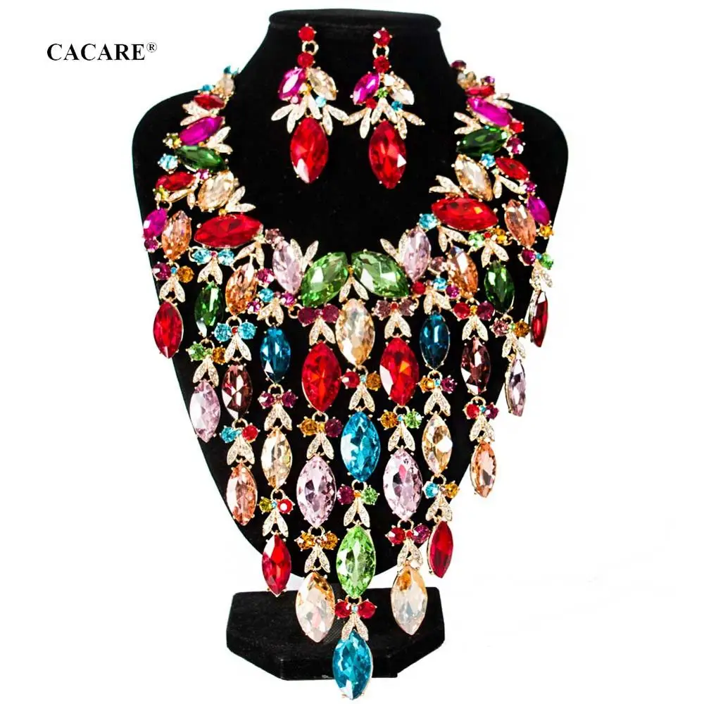 

Luxury Rhinestone Jewelry Sets Women Fashionable Necklace Earrings Set 3pcs EU Dubai Big Jewellery Party Jewels F1054 7 Colors