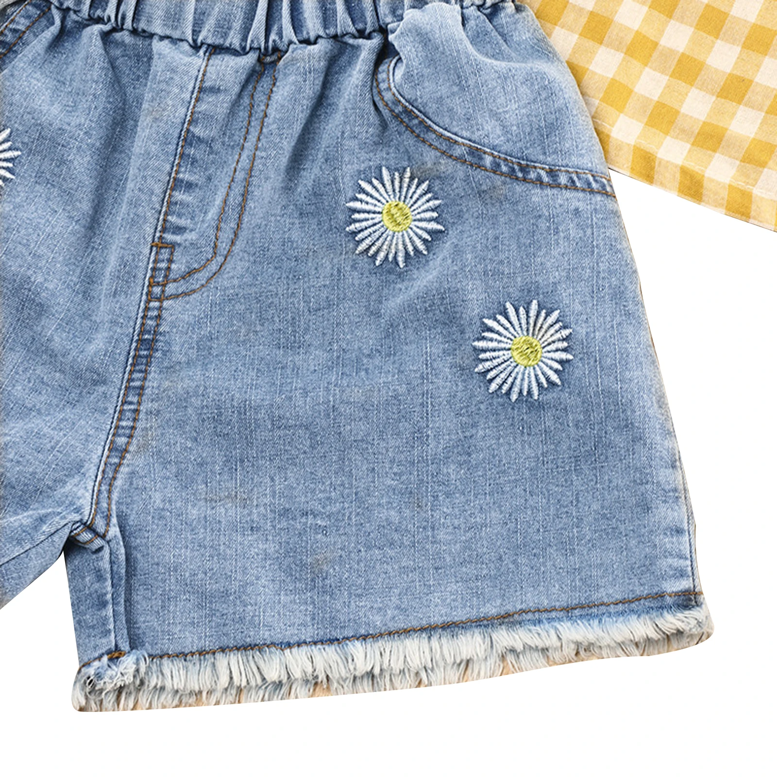 

Fashion 2-piece Outfit Set Sleeveless Plaid Tank Tops Vest + Daisy Denim Shorts Set for Children Summer Clothing