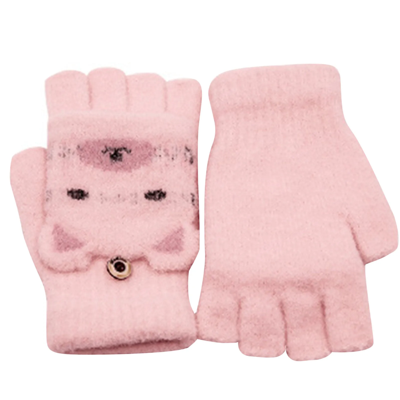 

Women Fingerless Gloves Plus Velvet Thickening Warm Mitten Flip Cartoon Finger Gloves Female Knitted Wool