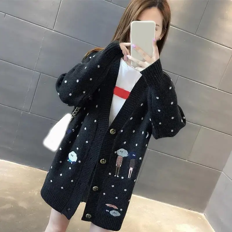 2019 Autumn Winter Women Cardigans Sweater Cartoon Embroidery Single Breasted Knit |