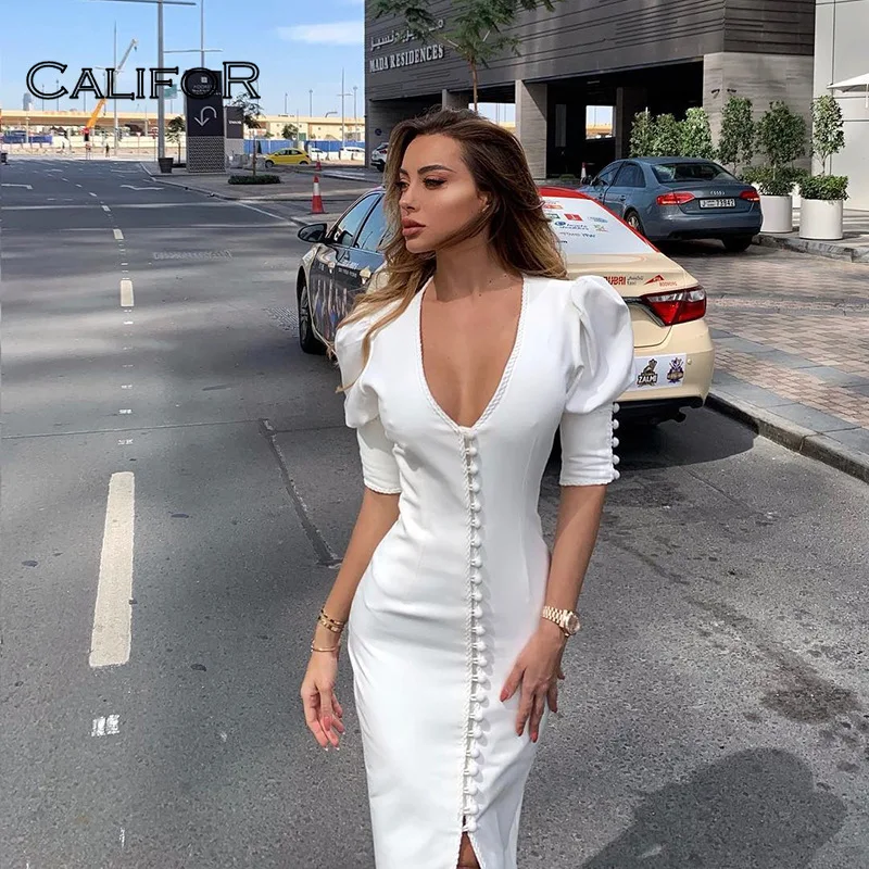 

CALIFOR Deep V-neck White Dress for Women 2021 Autumn Bubble Sleeve Skinny Dresses Skinny Maxi Dress French Vintage OL Vestidos