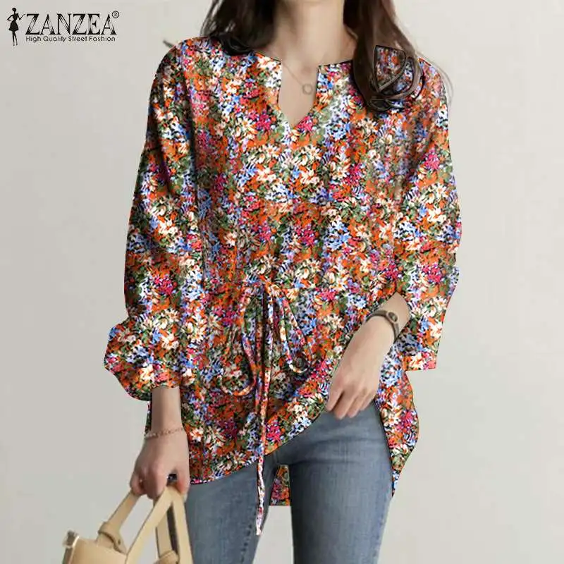 

Loose Bohemian Beach Fashion Casual Elegant Holiday Tops ZANZEA Autumn Women's Flare Sleeve Blouse V-Neck Floral printed Chemise