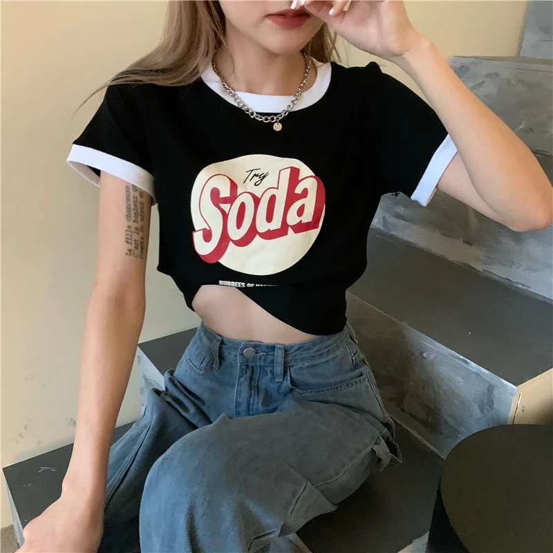 

YTX1005 Contrasting color edge letter printing small slim slim navel sweet spicy girl style short T-shirt women