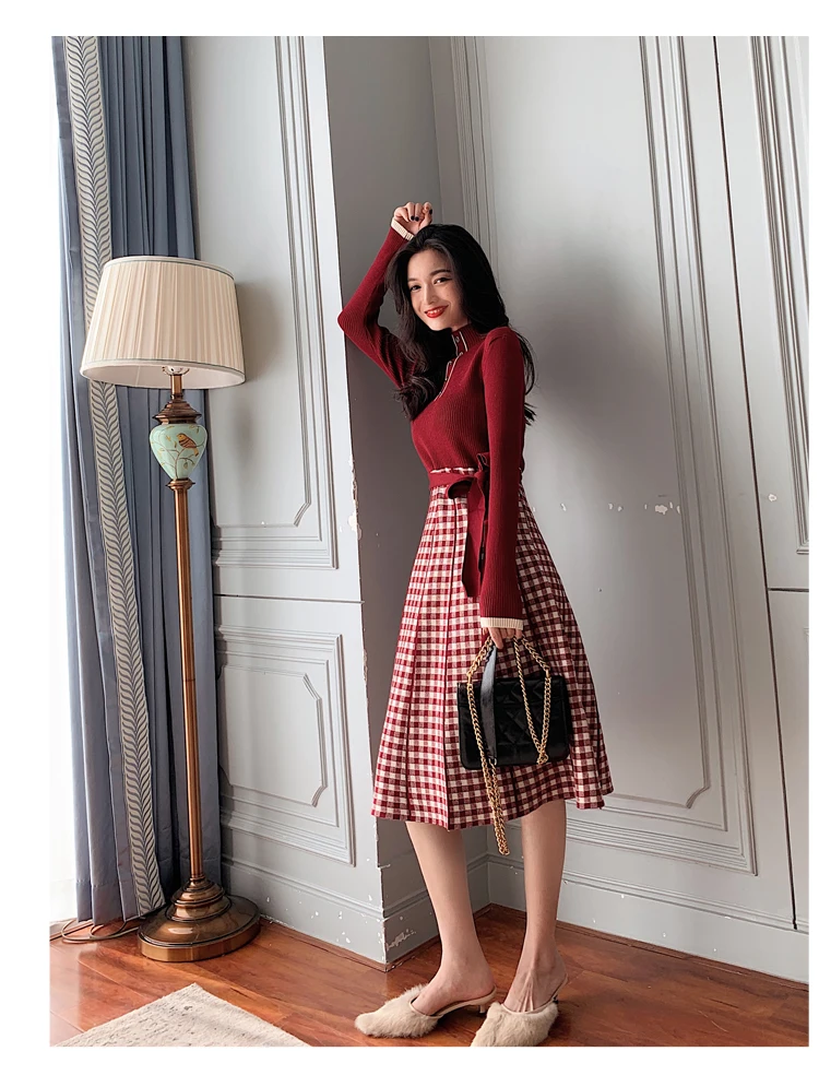 Elegant Splice Plaid With Belt Knitted Dress Women 2020 Spring Long Sleeve Casual Mid Dresses D9N710M | Женская одежда