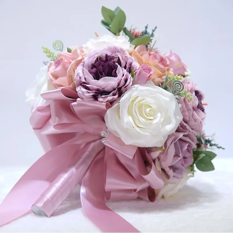 

European Style Artificial Peony Rose Bride Bridesmaid Holding Flower Bouquet Colorful Satin Ribbon Bowknot Wedding Party W0YA