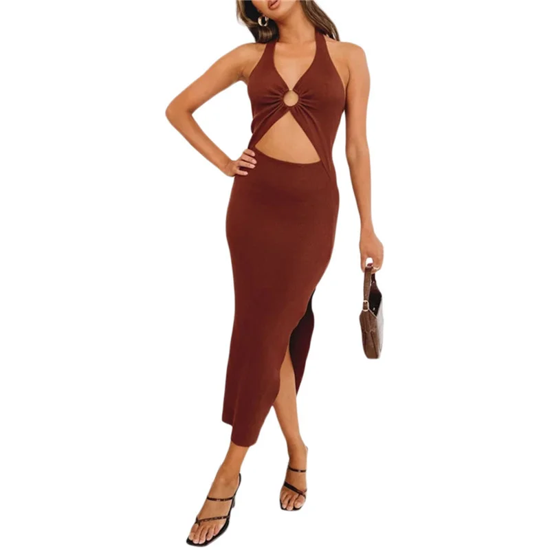 

Women Summer Dress Sleeveless Backless Neck-Hanging Wrapped Hollow Out Slim Summer Beach Long Solid Color Midi Dresses Y2K