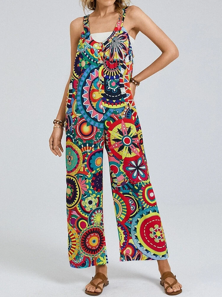 

Women Cotton Rompers VONDA 2021 Summer Sleeveless Wide Leg Overalls Femme Vintage Jumpsuits Casual Floral Rompers Plus Size