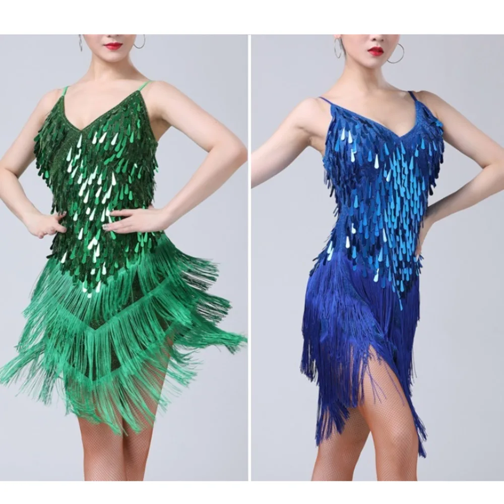 

2022Ladies Women's Red Blue Gold Sexy Tassel Latin Dance Dress Fringe Sequin Salsa Ballroom Tango Rumba Samba Dance Dresses