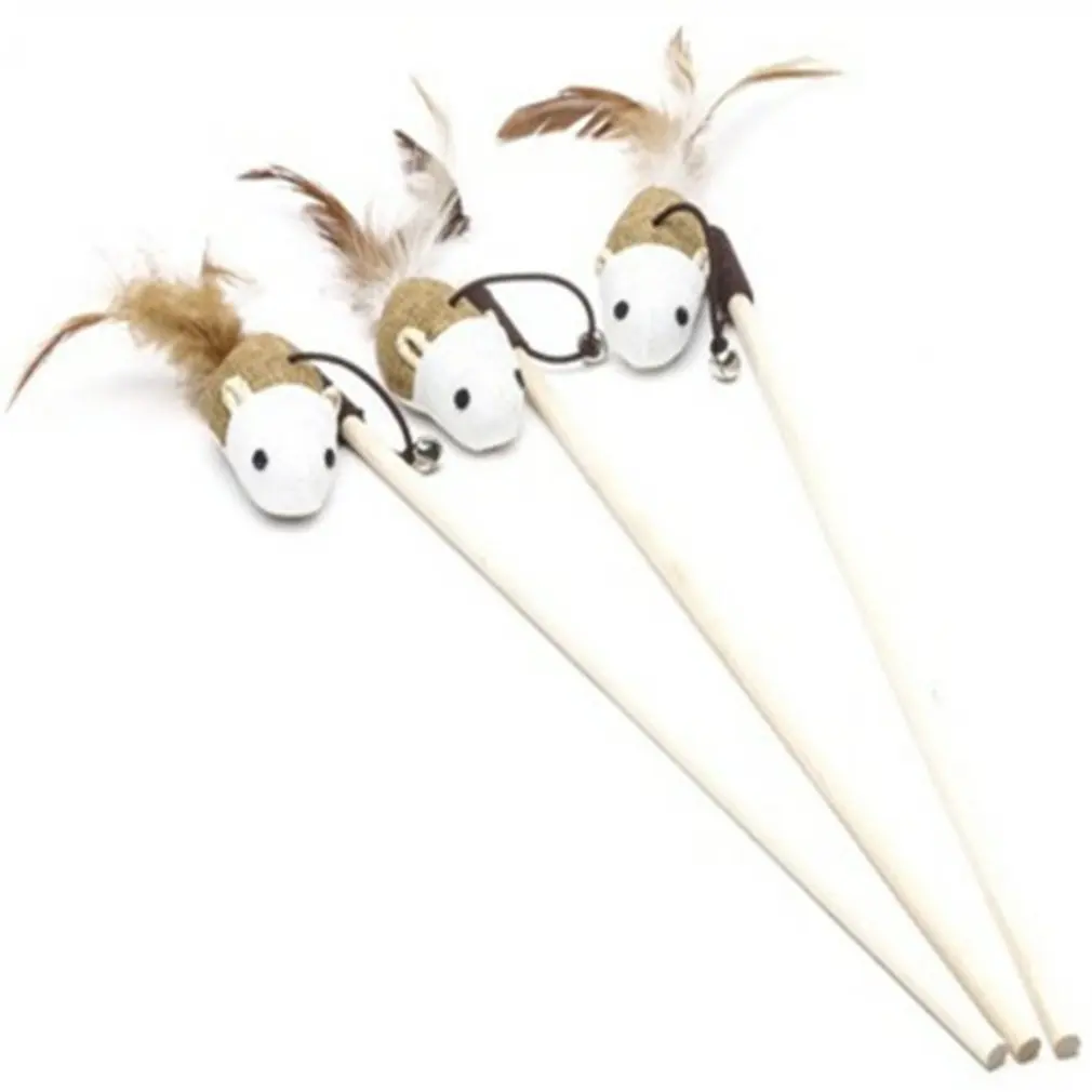 

Durable Dangle Faux MouseFeather Wood Rod Mouse Toy With Mini Bell Cat Catcher Teaser Wooden Stick Cat Interactive Toys Hot