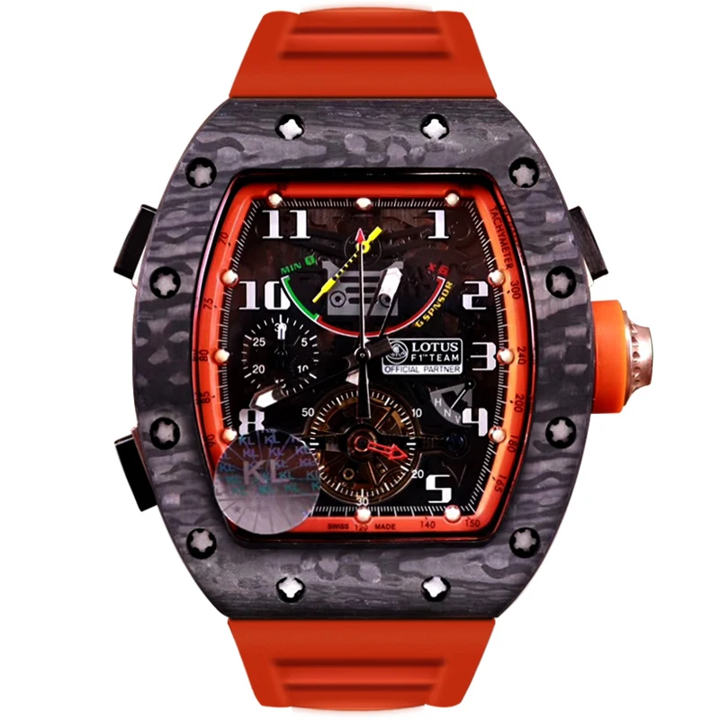 

Classic New Orange Black Rubber Men Watch Sapphire Glass Automatic Mechanical Carbon Fiber Skeleton Dial Watches Limited