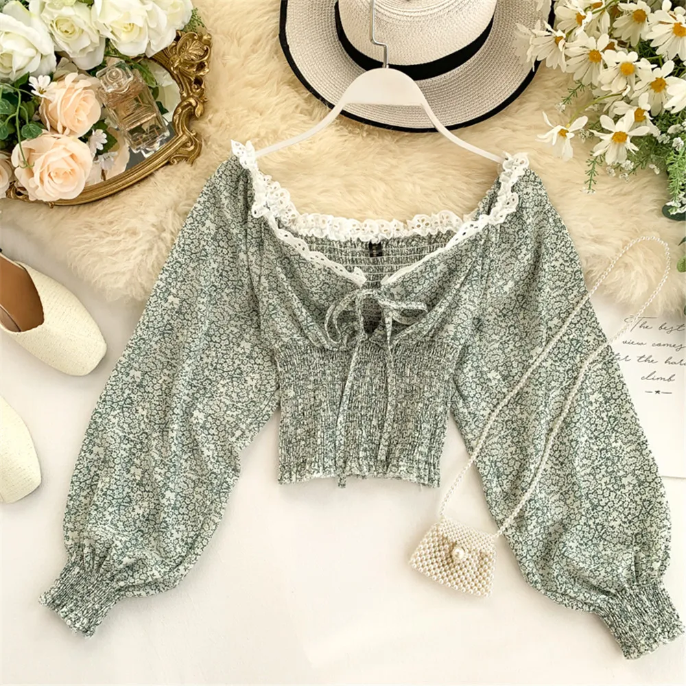 Осень 2020 новинка корейский стиль на шнуровке шифон кружево длинный рукав с