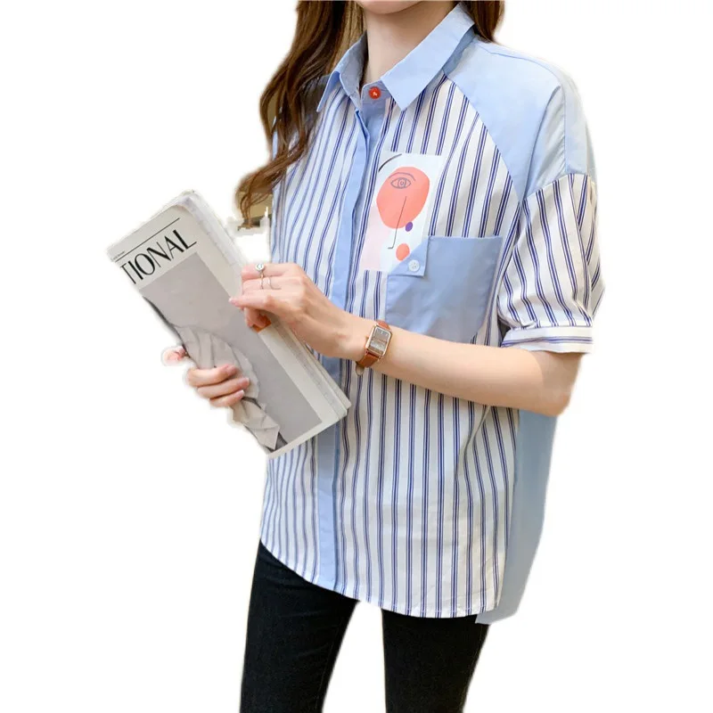 

2021 new summer striped stitching loose short-sleeved chiffon shirt temperament fashion straight top women