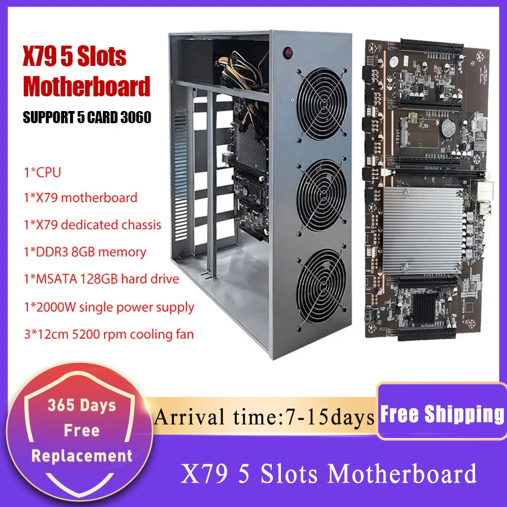 

Материнская плата X79 для майнинга, 5 шасси, PCI-E 3.0, слот для графической карты с 8 Гб ddr3 128 ГБ MSATA 2000 Вт PSU, поддержка 3060 GPU, 1 комплект