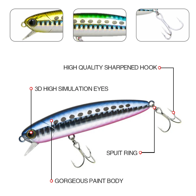 Sobat 80 Saltwater Sinking Minnow Fishing Lures for Sea Bass Reversible Action Wobbler Jerkbait